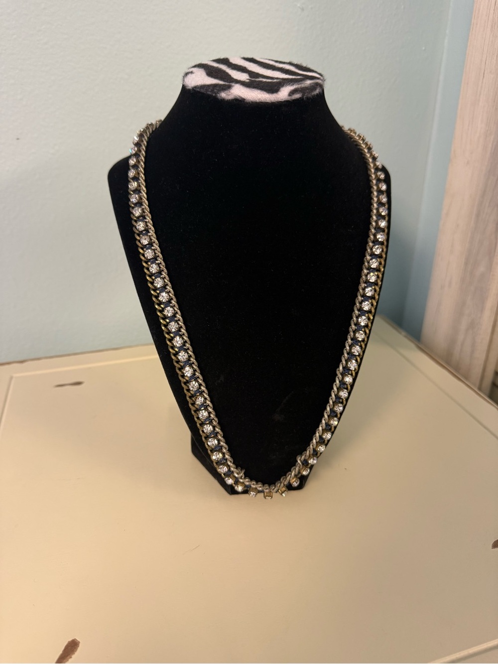 Chunky Rhinestone Chain Necklace 25” Blue Woven Detail Statement Necklace